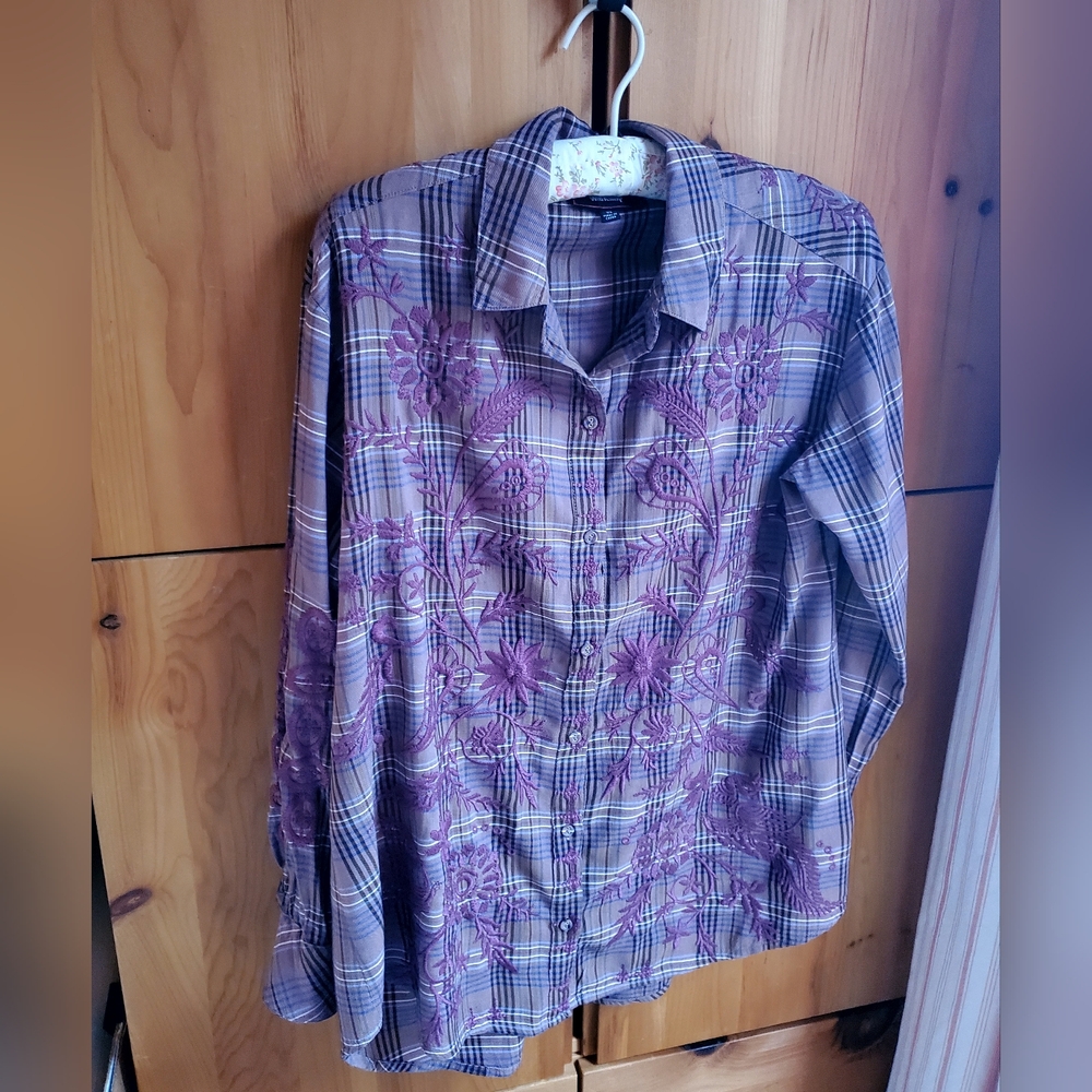 Johnny Was Workshop Women's Mauve Plaid & Embroidered Button Up Shirt Size XS